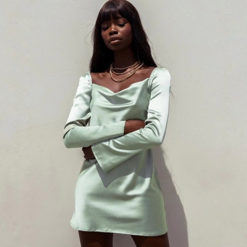 Princess Polly Recycled Fibers Star Power Green Satin Dress 4